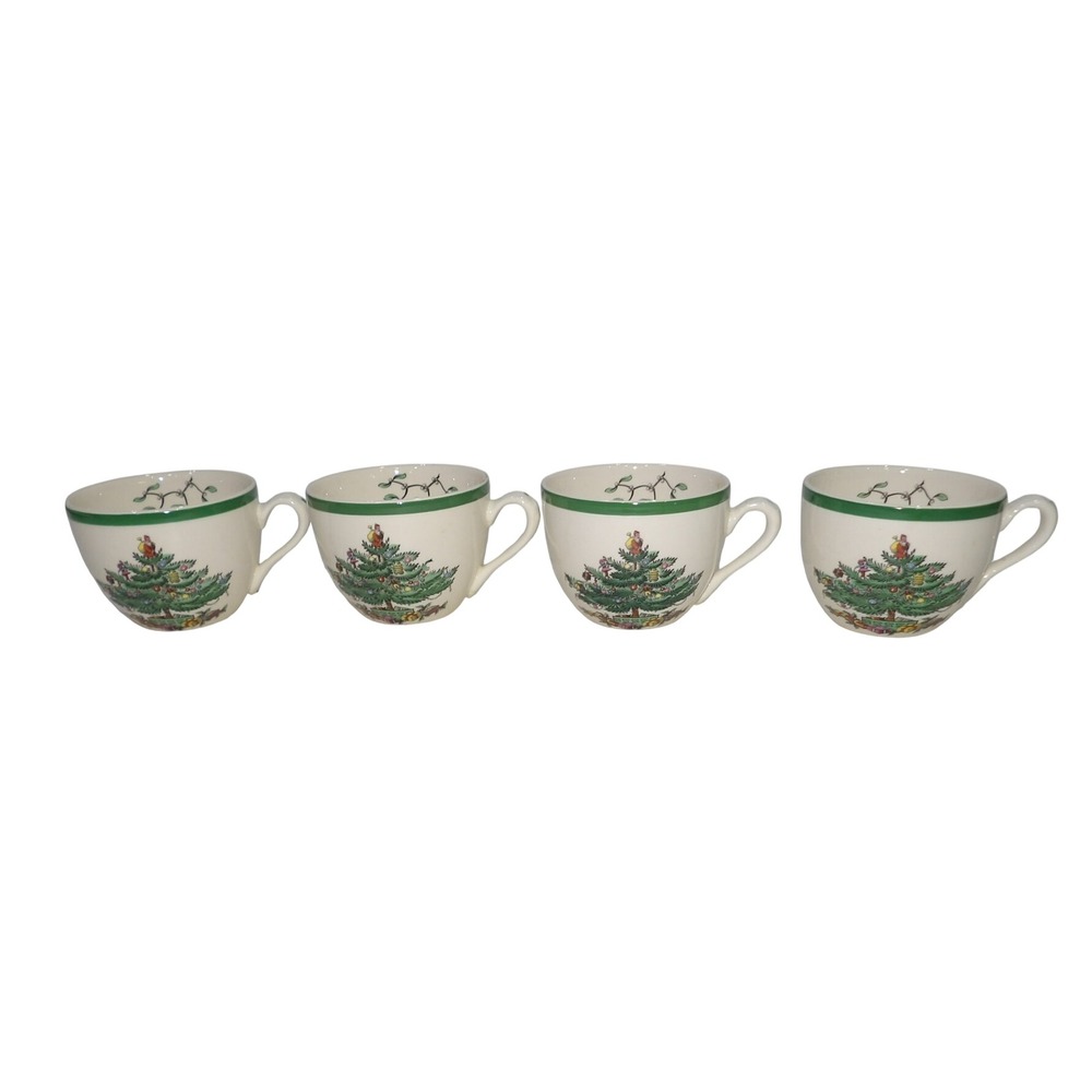 Spode Christmas Tree S3324 K Teacups Set of 4 England Green Trim Mistletoe